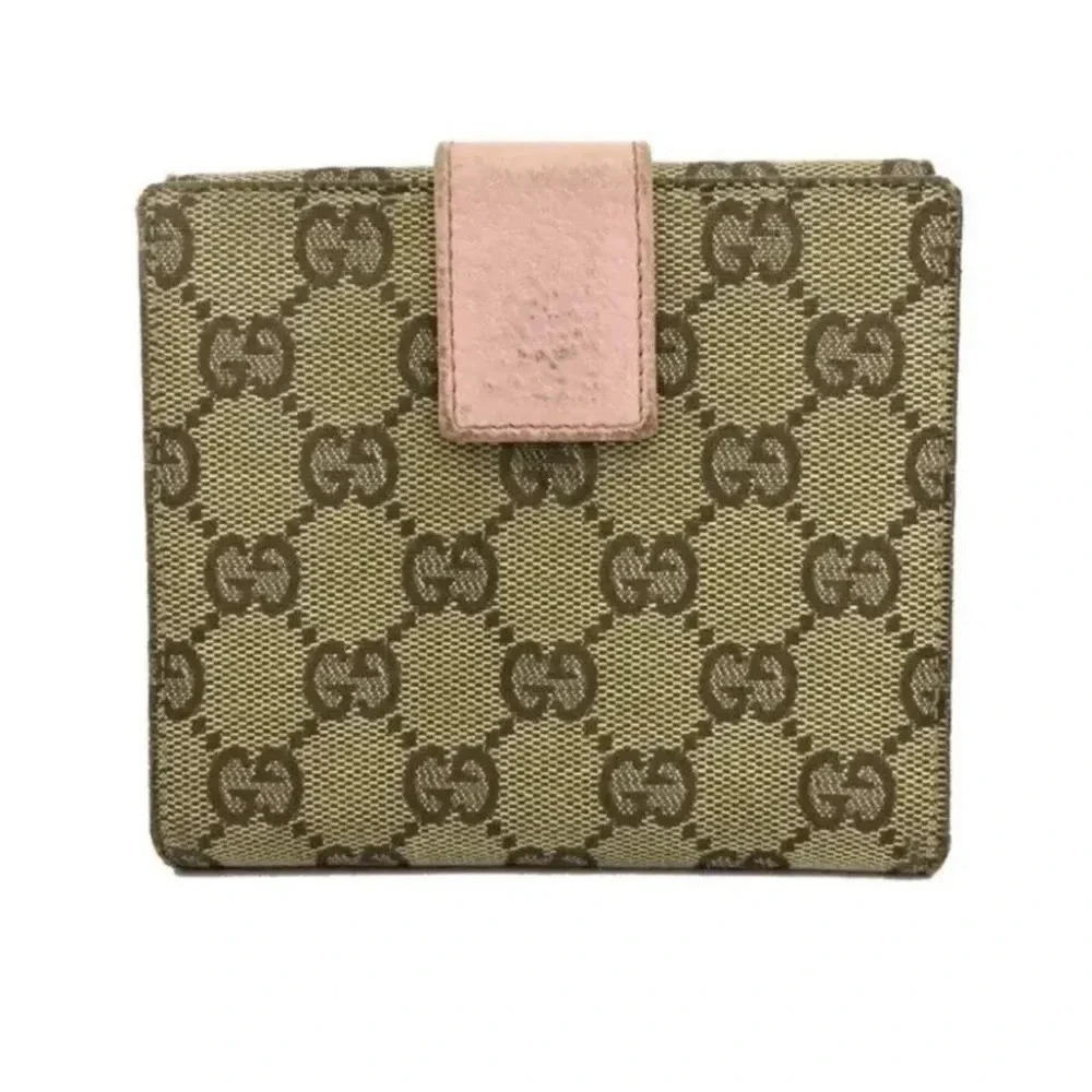 Rare vintage GUCCI GG Logo large pink Canvas Leather Bifold Wallet - Picture 4 of 7